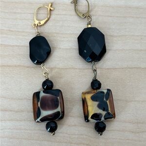 Black and Brown Spotted Beaded Dangle Earrings/ Lever back / Gold Tone